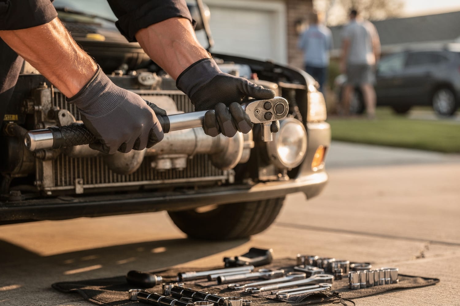 A 303 Mobile Mechanics technician working under the hood in a driveway